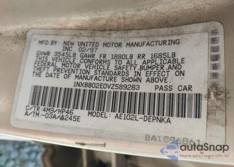 1997 Toyota Corolla Dx from USA, damaged, VIN 1NXBB02E0VZ589283
